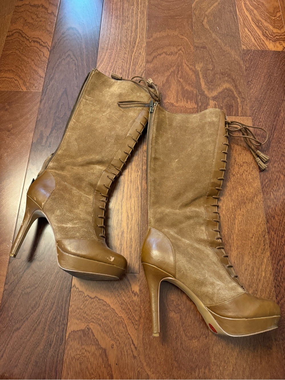 Bershka Cognac Lace-Up Platform Stiletto Boots real suede size 39